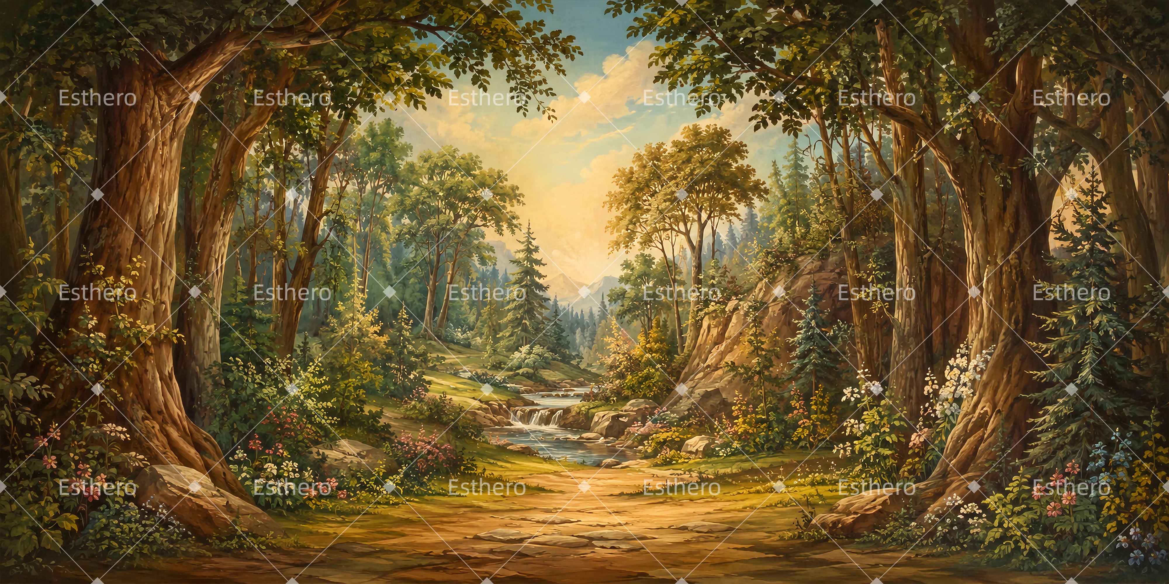 Toile de fond forêt dorée ruisseau décor de théâtre LXX65-T63