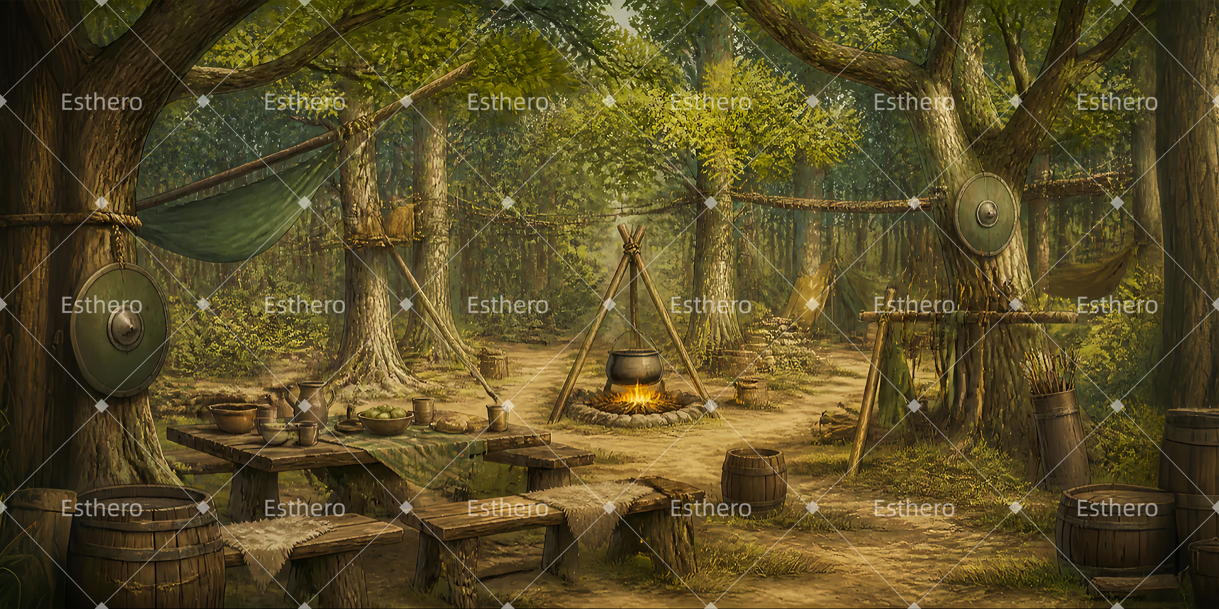 Toile de fond refuge rebelle en forêt décor de scène professionnel LXX65-T69