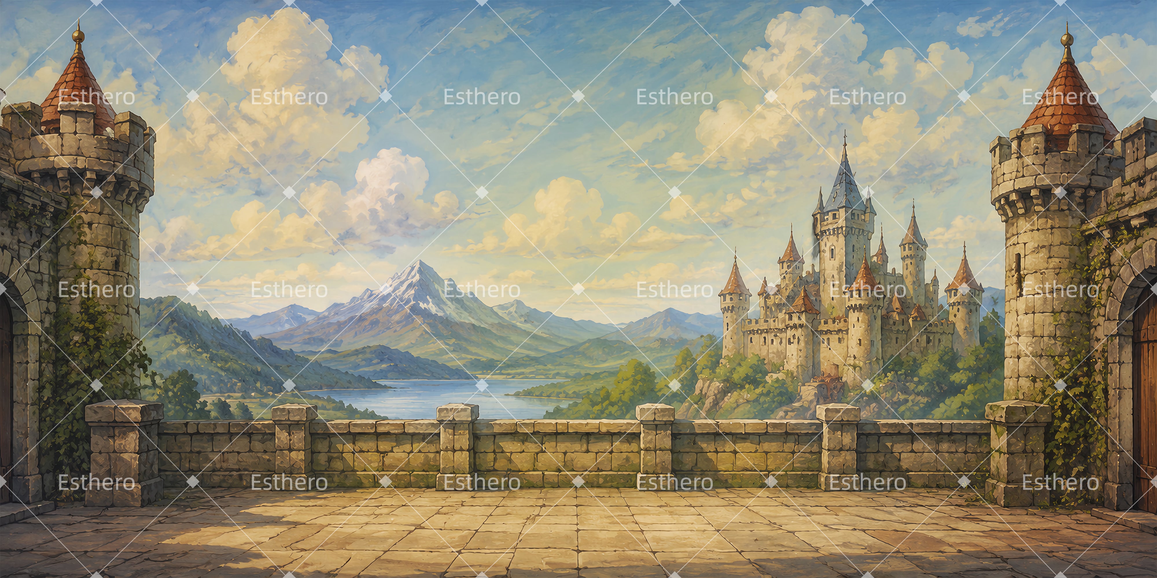 Toile de fond terrasse de château vue panoramique décor de théâtre LXX65-T70