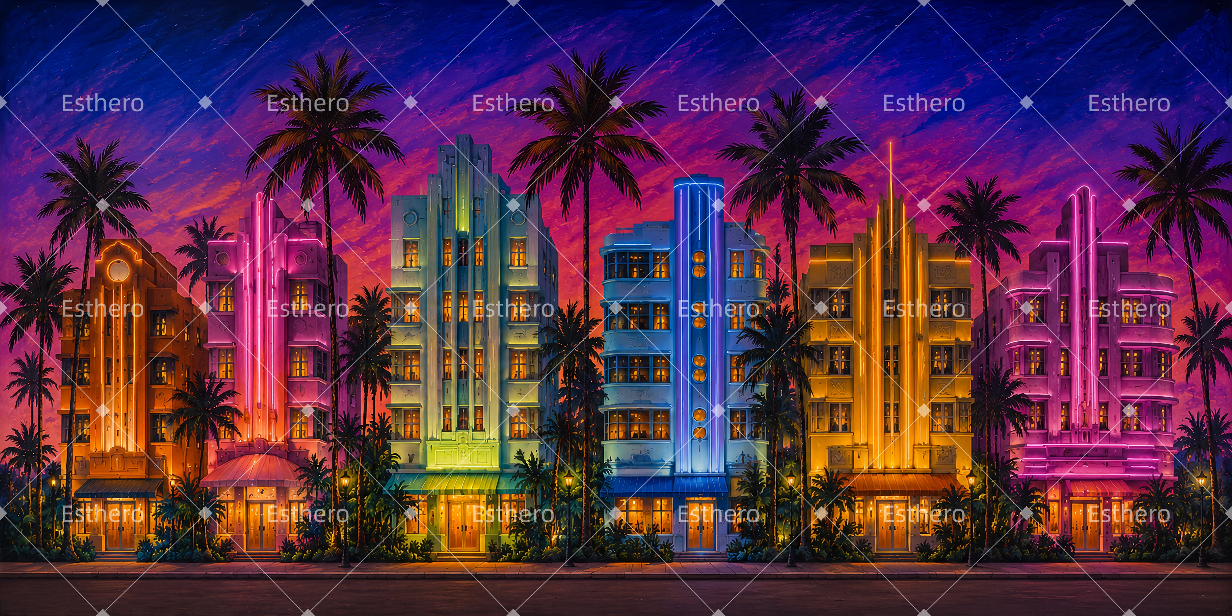 Toile de Fond Panoramique Rue Colorée de Miami LXX66-T15