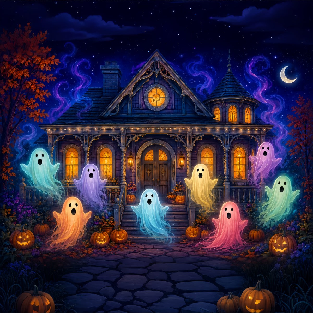 Décor De Scène D'Halloween Maison Hantée Colorée Avec Fantômes LXX67-102