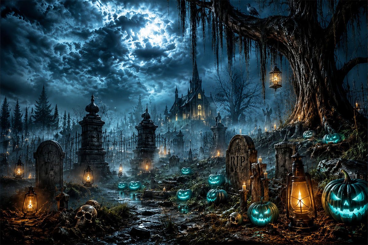 Décor De Château D'Halloween Cimetière Hanté Au Clair De Lune Citrouil les Grand Décor D'Halloween LXX67-16
