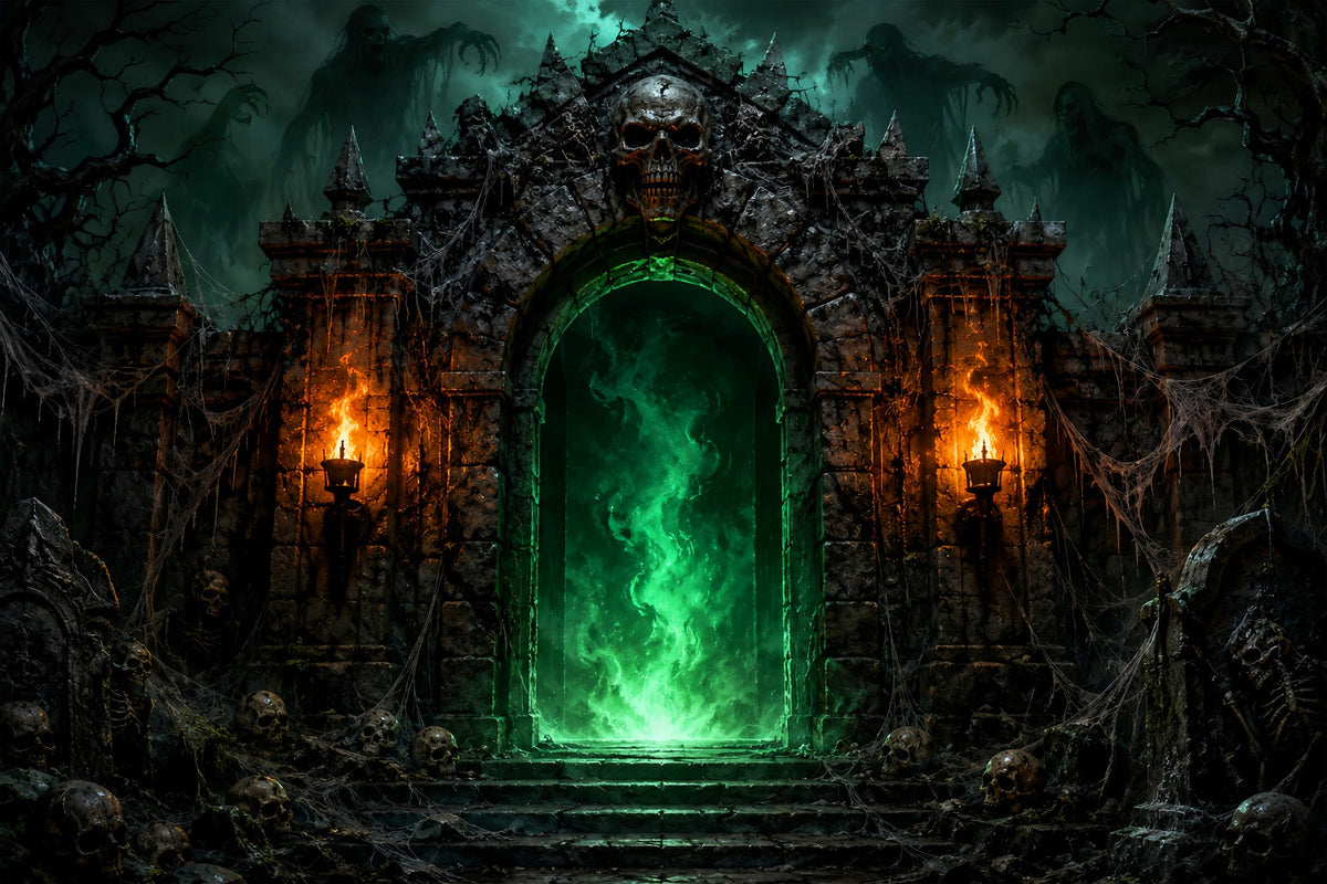 Décor De Fête D'Halloween Forteresse Du Portail Du Crâne Vert Fond De Photomaton D'Halloween LXX67-166