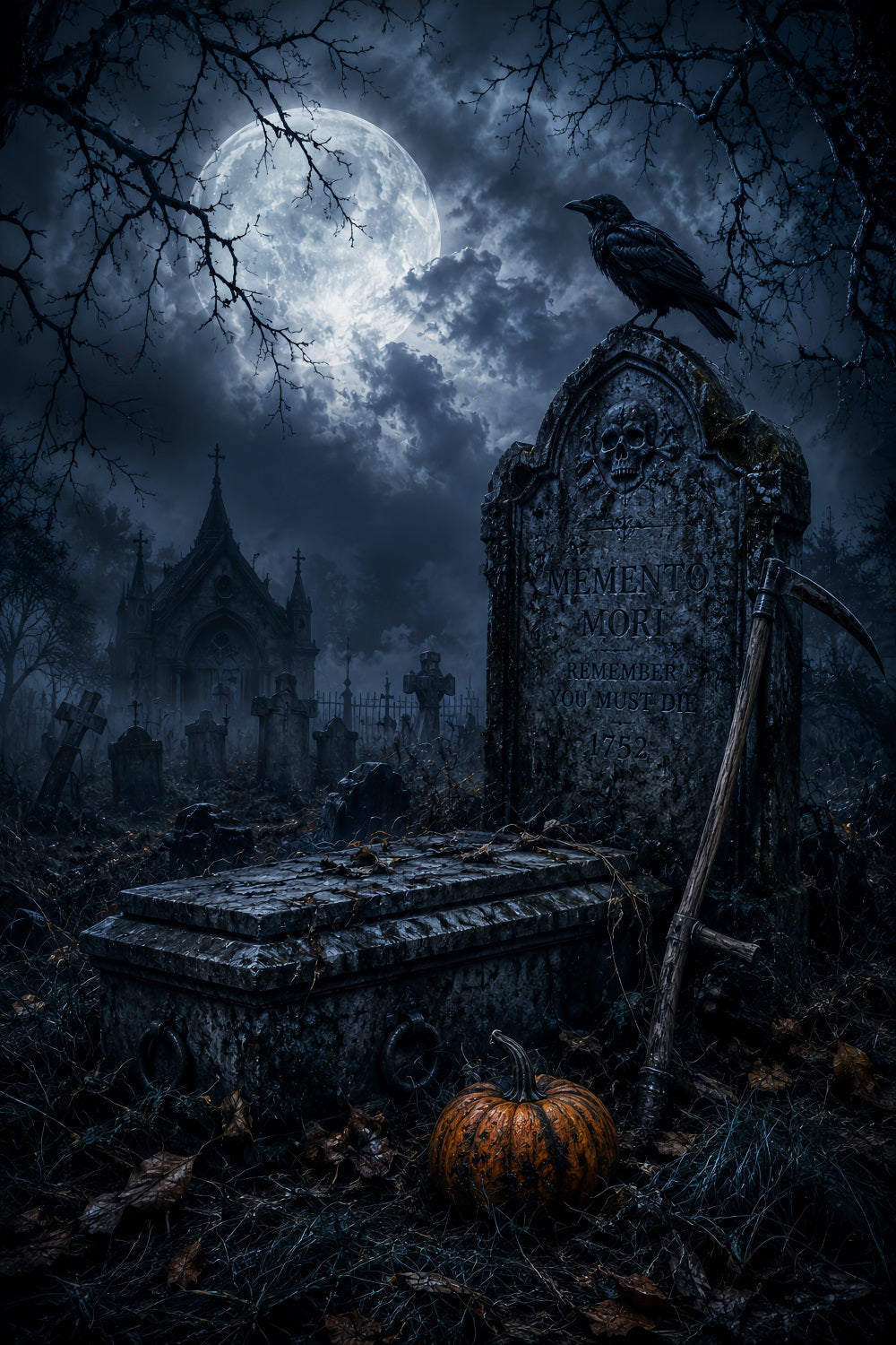 Décor De Maison D'Halloween Avec Pierre Tombale De Corbeau Au Clair De Lune Cimetière D'Halloween LXX67-186