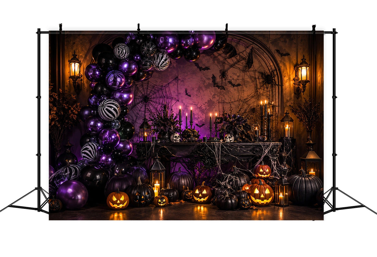 Décor De Fond D'Halloween Avec Ballons Citrouille Violette Et Toile D'Araignée Thème Halloween LXX67-189
