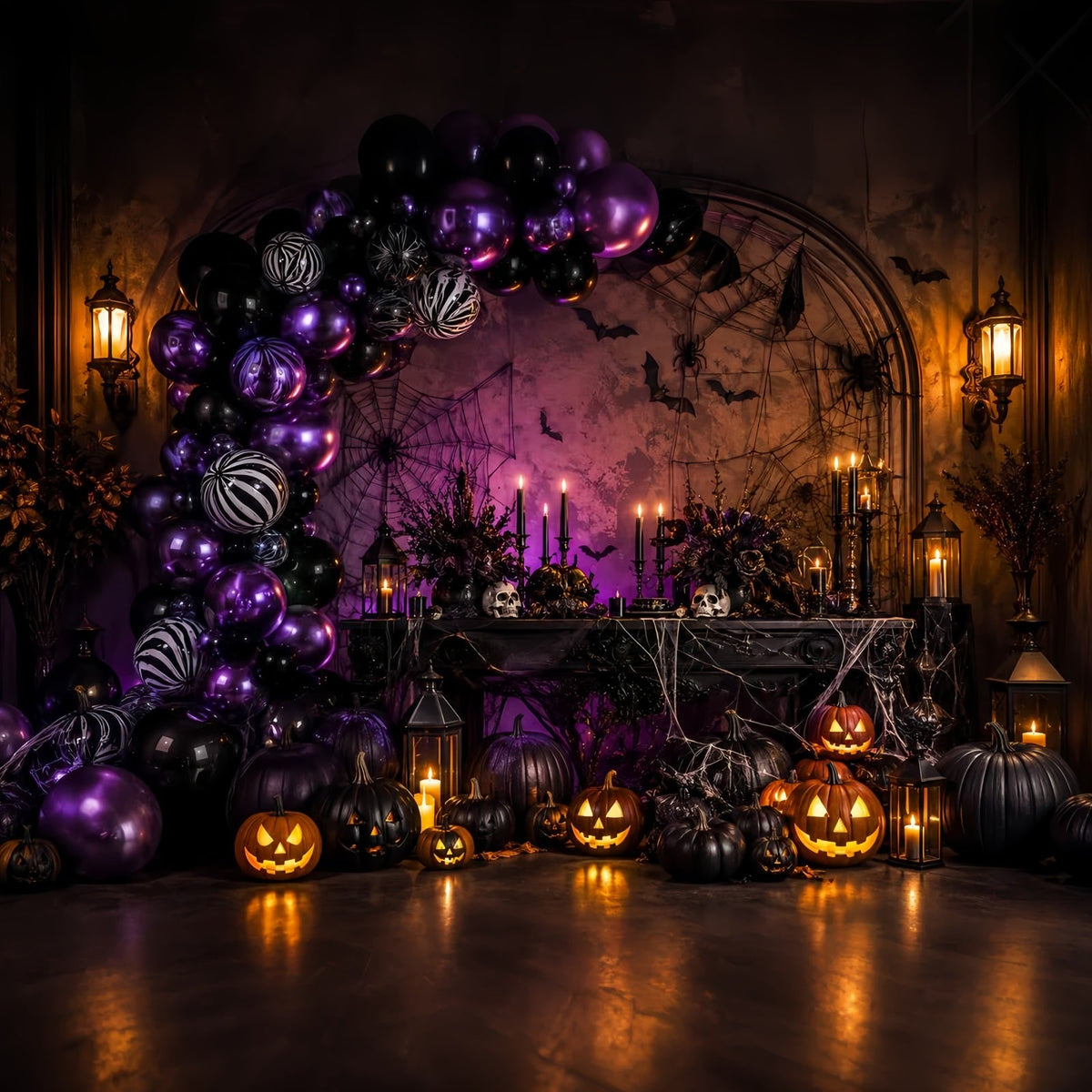 Décor De Fond D'Halloween Avec Ballons Citrouille Violette Et Toile D'Araignée Thème Halloween LXX67-189