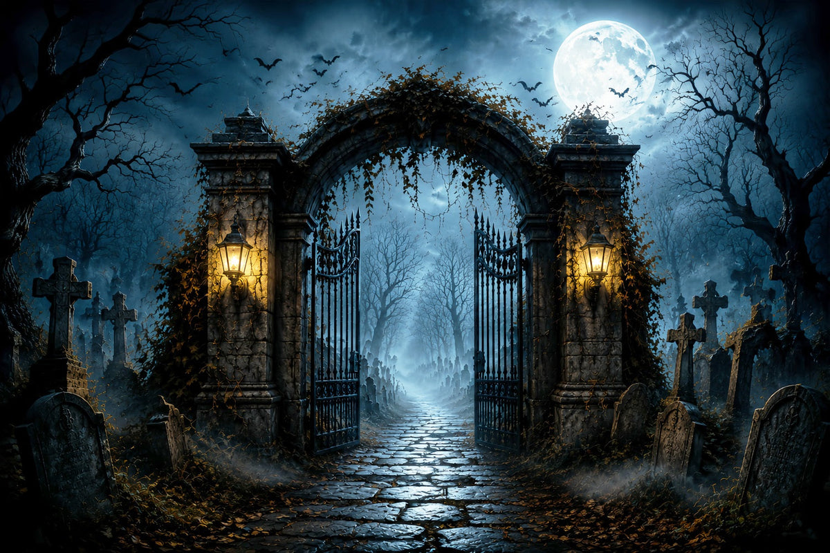 Décor De Photomaton Halloween Cimetière Au Clair De Lune Porte En Fer Fond Photo Pour Fête D'Halloween LXX67-21