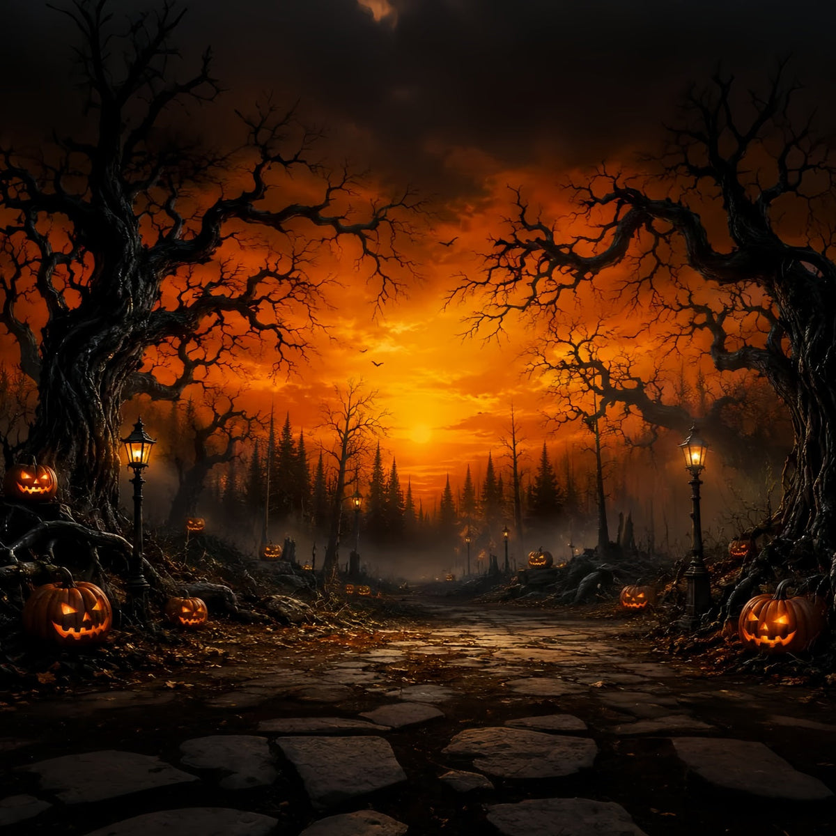 Décor De Forêt Hantée Au Coucher Du Soleil Chemin Forestier Avec Citrouilles Décor Effrayant LXX67-217