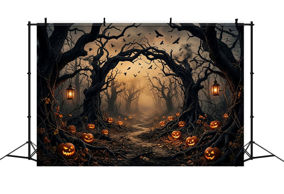 Décor De Forêt Inquiétante Avec Citrouilles Et Arbres Tordus Décoration D'Halloween Effrayante LXX67-224