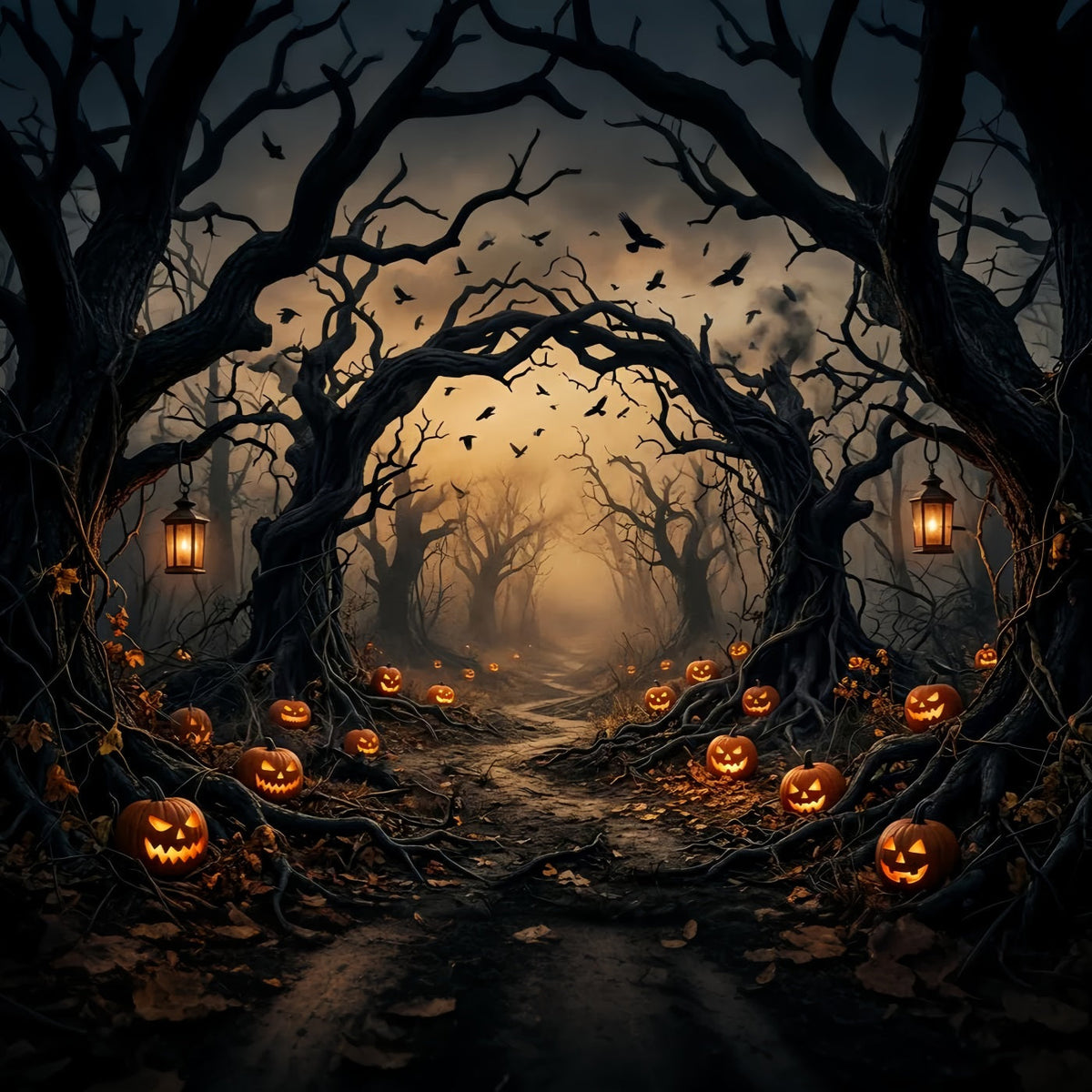 Décor De Forêt Inquiétante Avec Citrouilles Et Arbres Tordus Décoration D'Halloween Effrayante LXX67-224