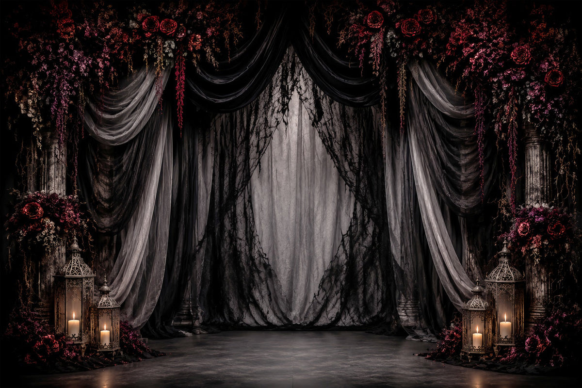 Décor De Mariage D'HalloweenDraperies GothiquesRoses PourpresFond Photo D'Halloween LXX67-3