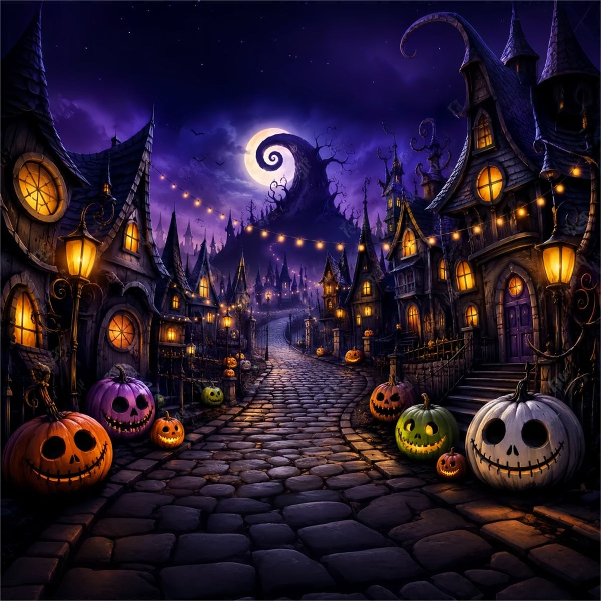 Toiles De Fond Photographiques Halloween Village De Citrouilles Violettes RueDécor De Ville D'Halloween LXX67-40