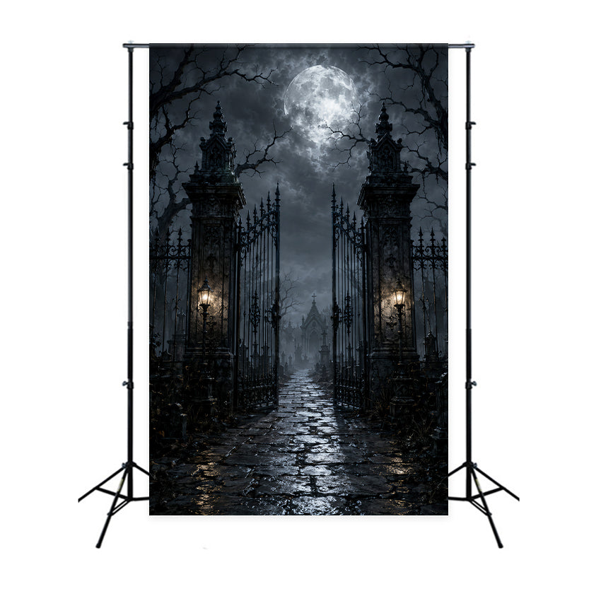Décor De Fond En Tissu Pour Halloween Cimetière Au Clair De Lune Porte En Fer Forgé Décor LXX67-47