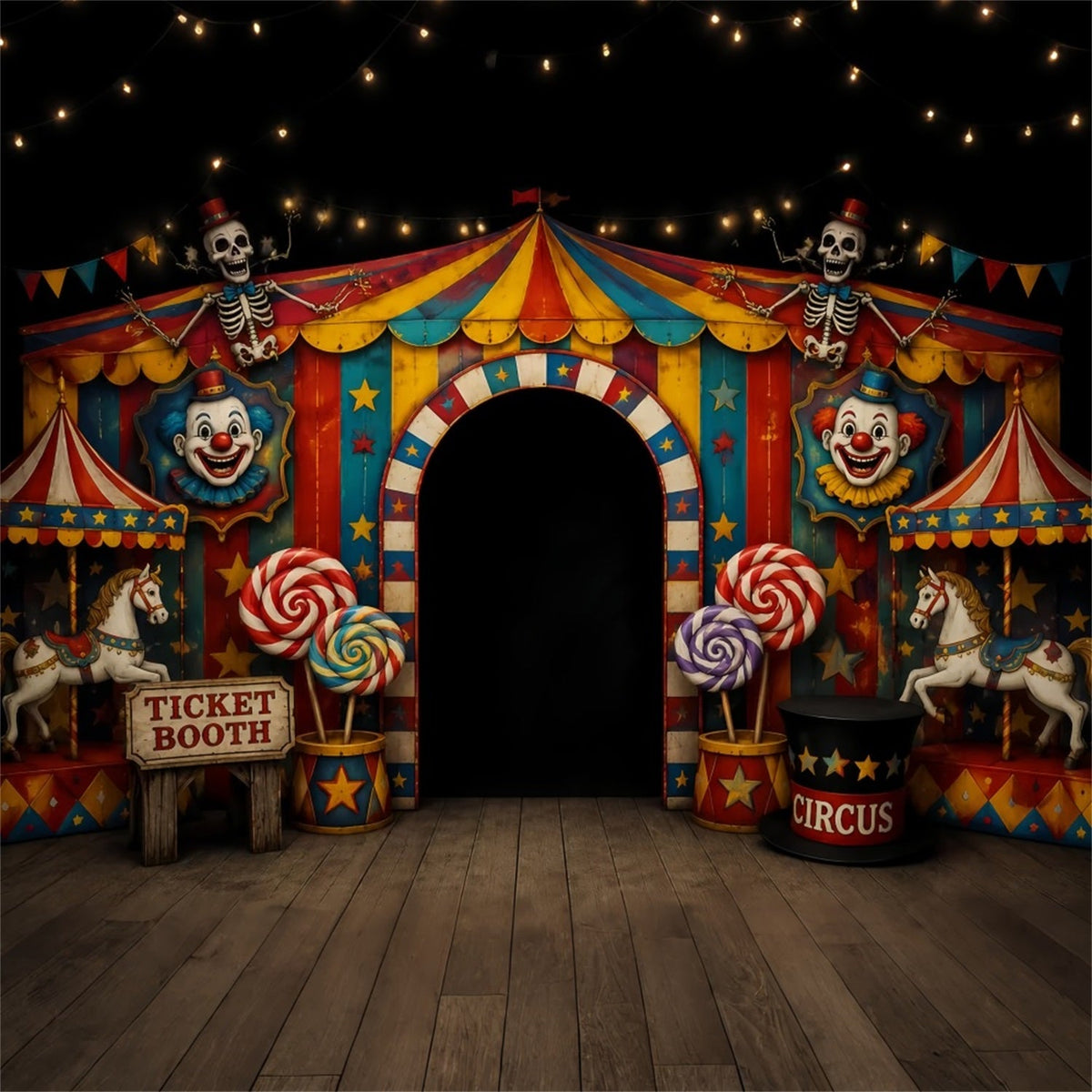 Décors Photo Effrayants Pour Halloween Squelette ClownEntrée De Cirque Décor Joyeux Halloween LXX67-52