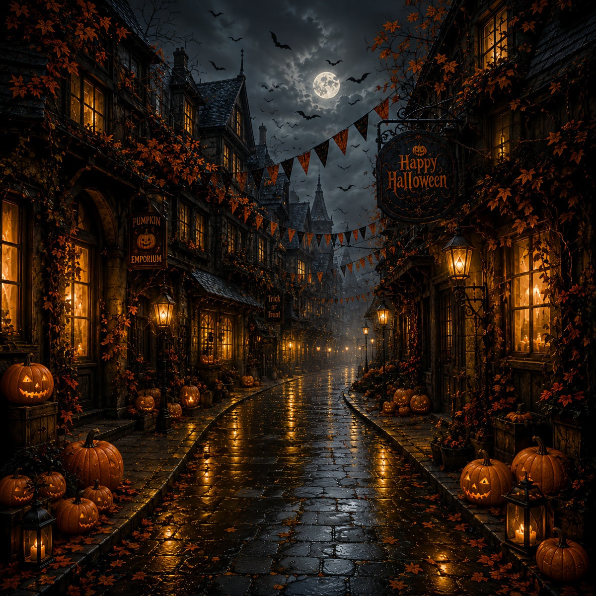 Toiles De Fond Photographiques Pour Halloween Village De Citrouilles Au Clair De LuneDécor LXX67-93