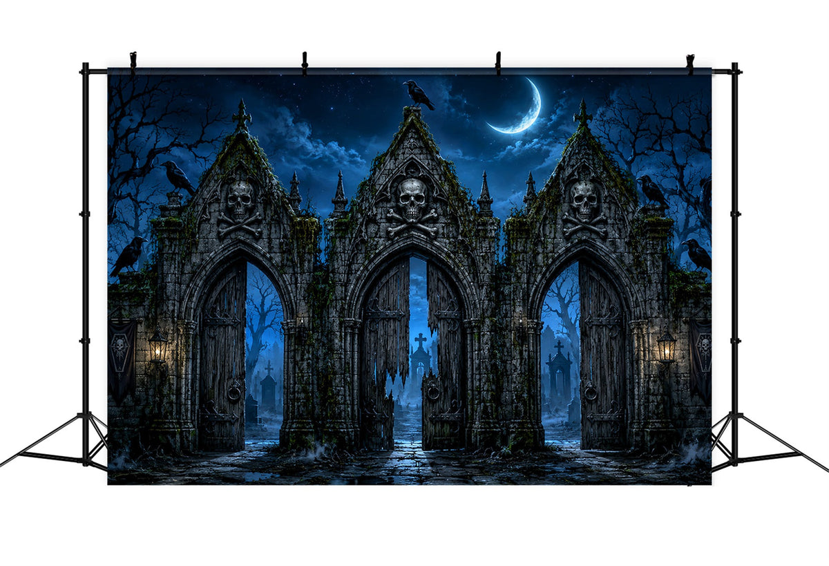 Décor Photographique D'Halloween Crâne Cimetière Porte De La LuneDécor Effrayant D'Halloween LXX67-98