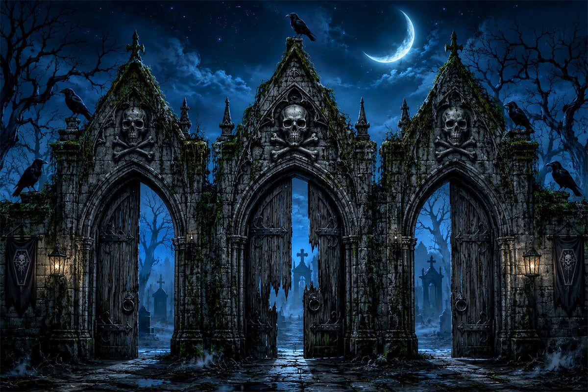 Décor Photographique D'Halloween Crâne Cimetière Porte De La LuneDécor Effrayant D'Halloween LXX67-98