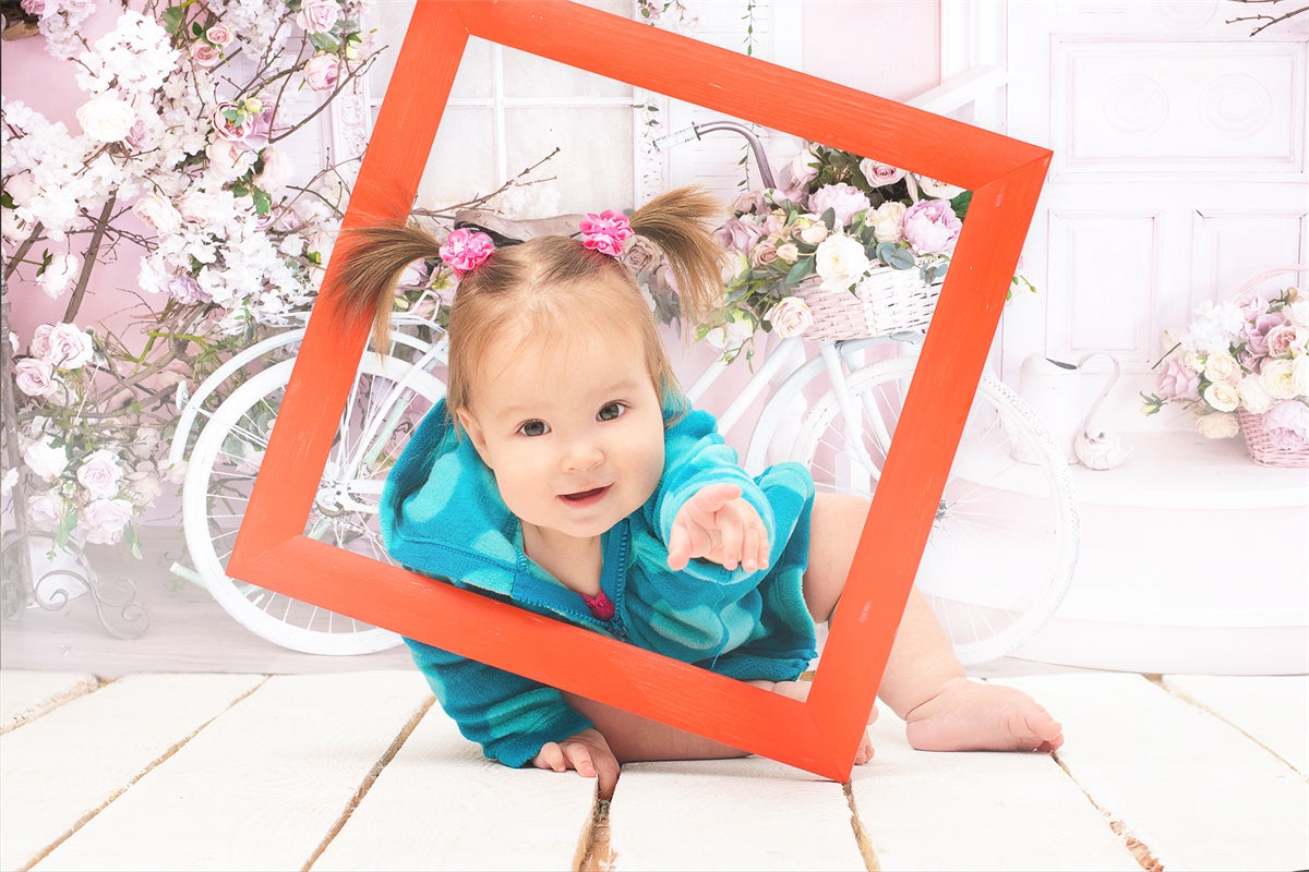 Mur Rose Rempli de Fleurs Bicycle Blanc Toile de fond M1-08