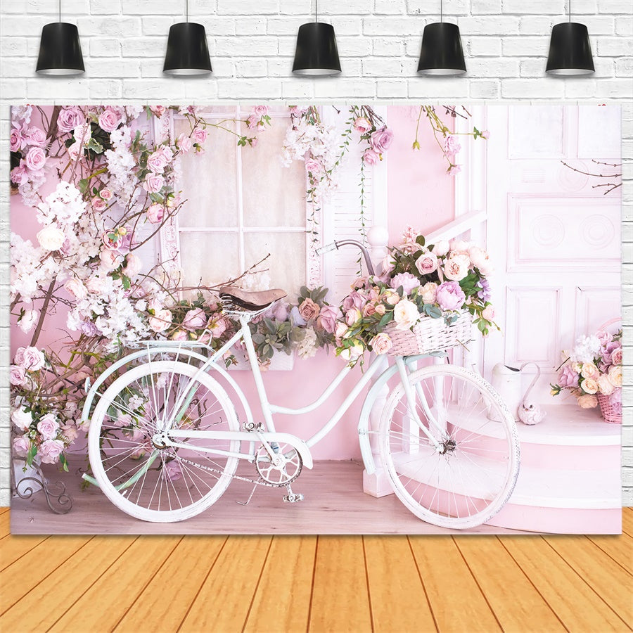 Mur Rose Rempli de Fleurs Bicycle Blanc Toile de fond M1-08