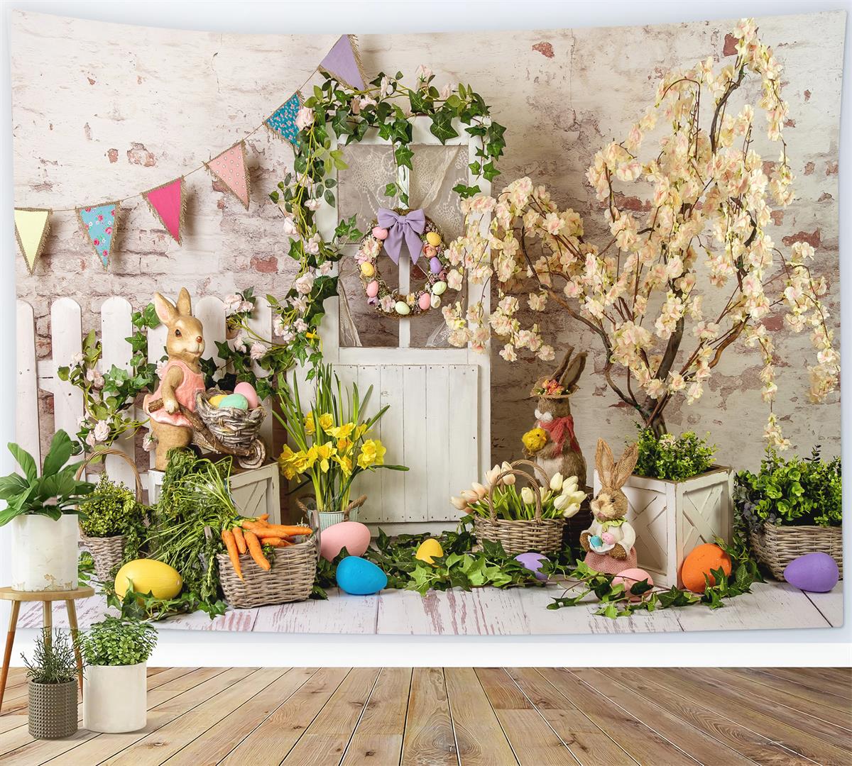 Couronne Florale Elégante de Pâques Porte en bois Toile de fond M1-23
