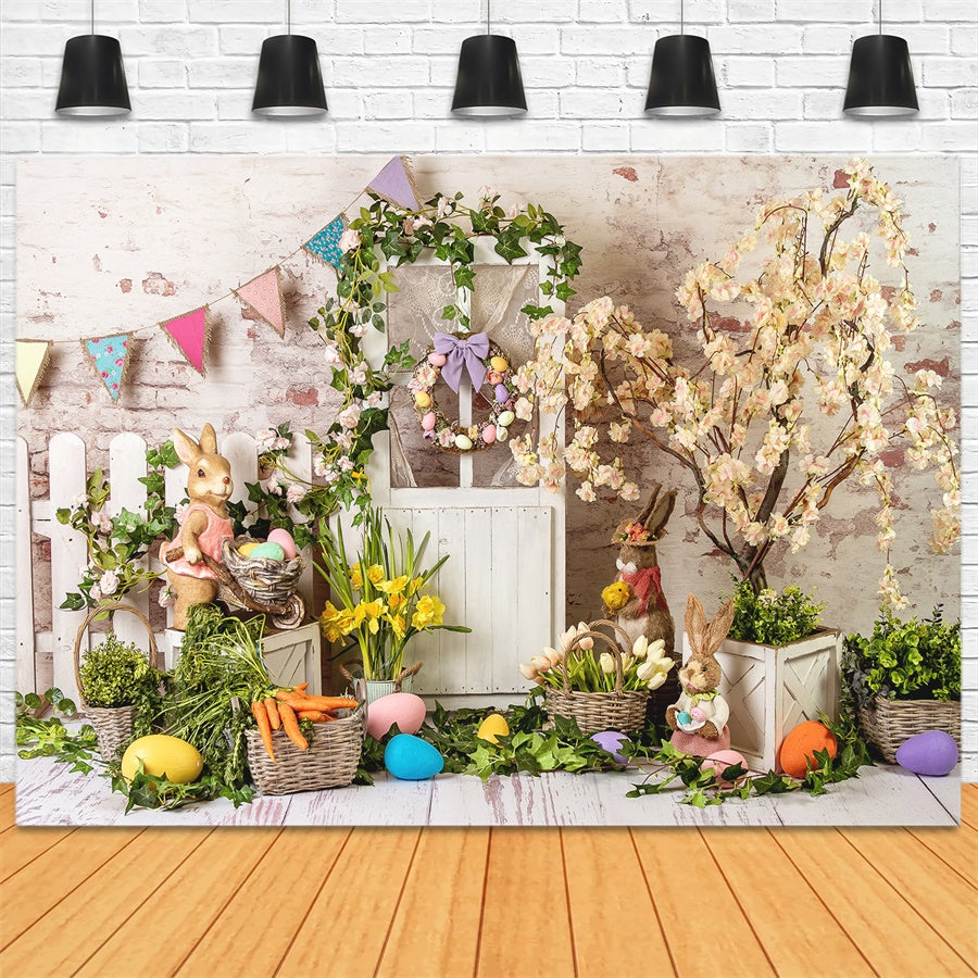 Couronne Florale Elégante de Pâques Porte en bois Toile de fond M1-23