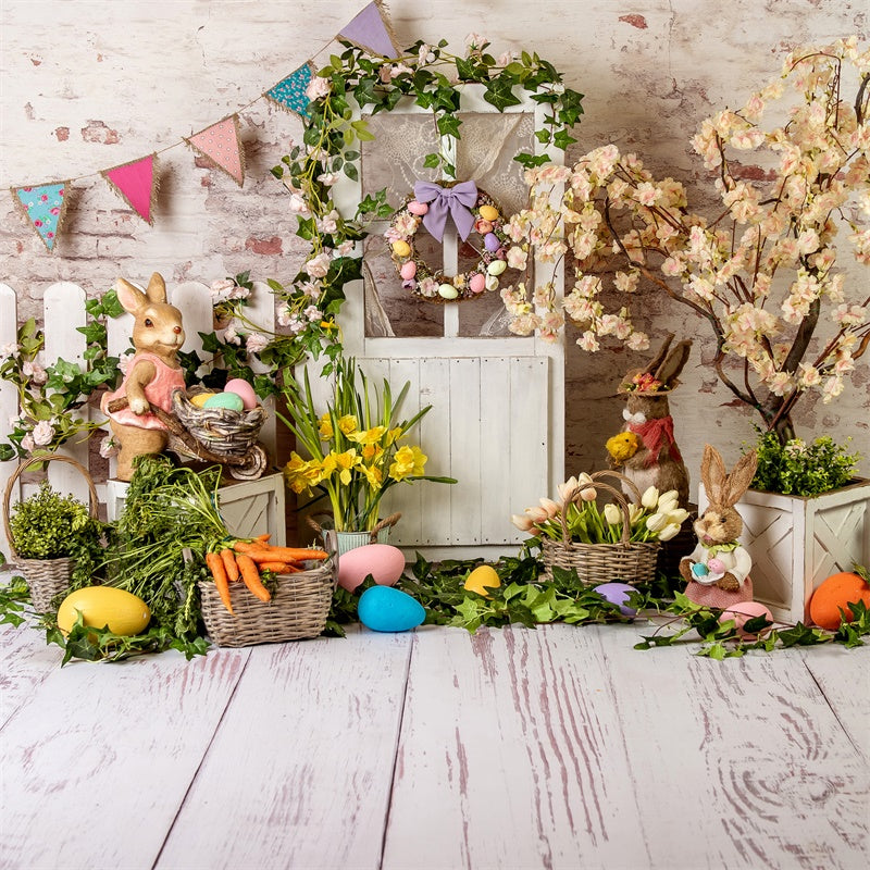 Couronne Florale Elégante de Pâques Porte en bois Toile de fond M1-23