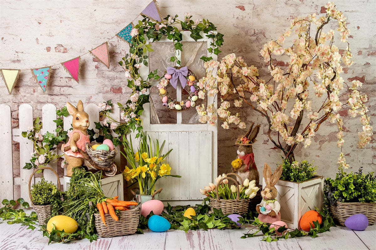 Couronne Florale Elégante de Pâques Porte en bois Toile de fond M1-23