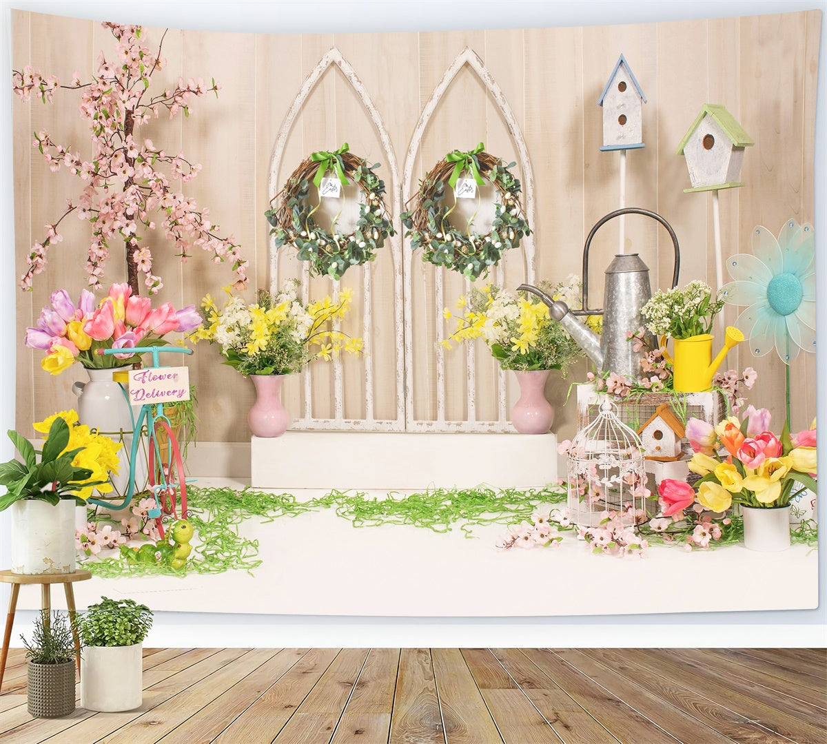 Couronne de Pâques Œufs Fleurs Toile de fond M1-26