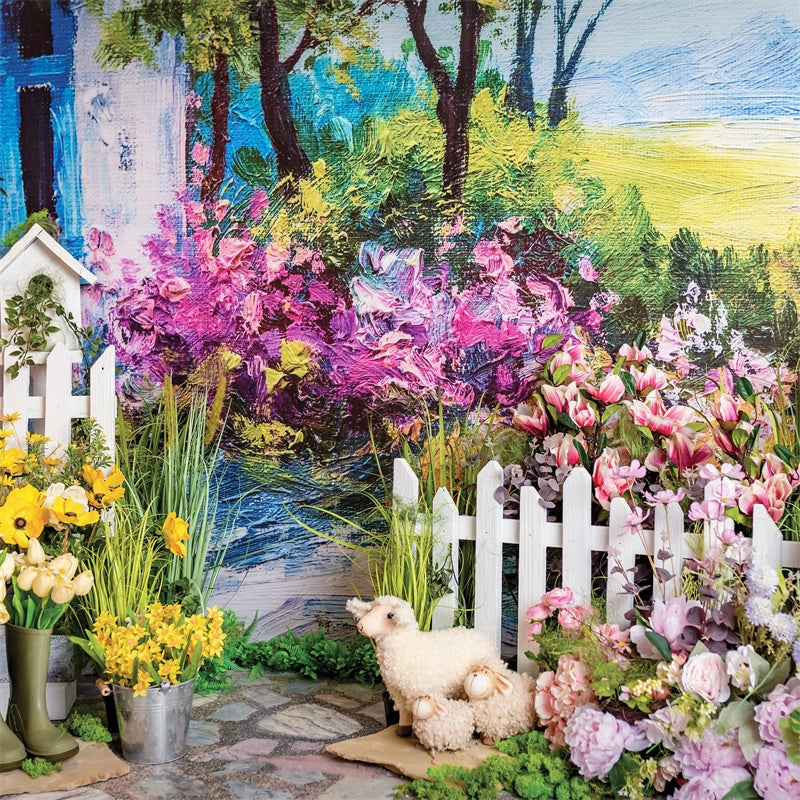 Printemps Peinture à l'huile Fleurs Rustiques Patio Toile de fond M1-33