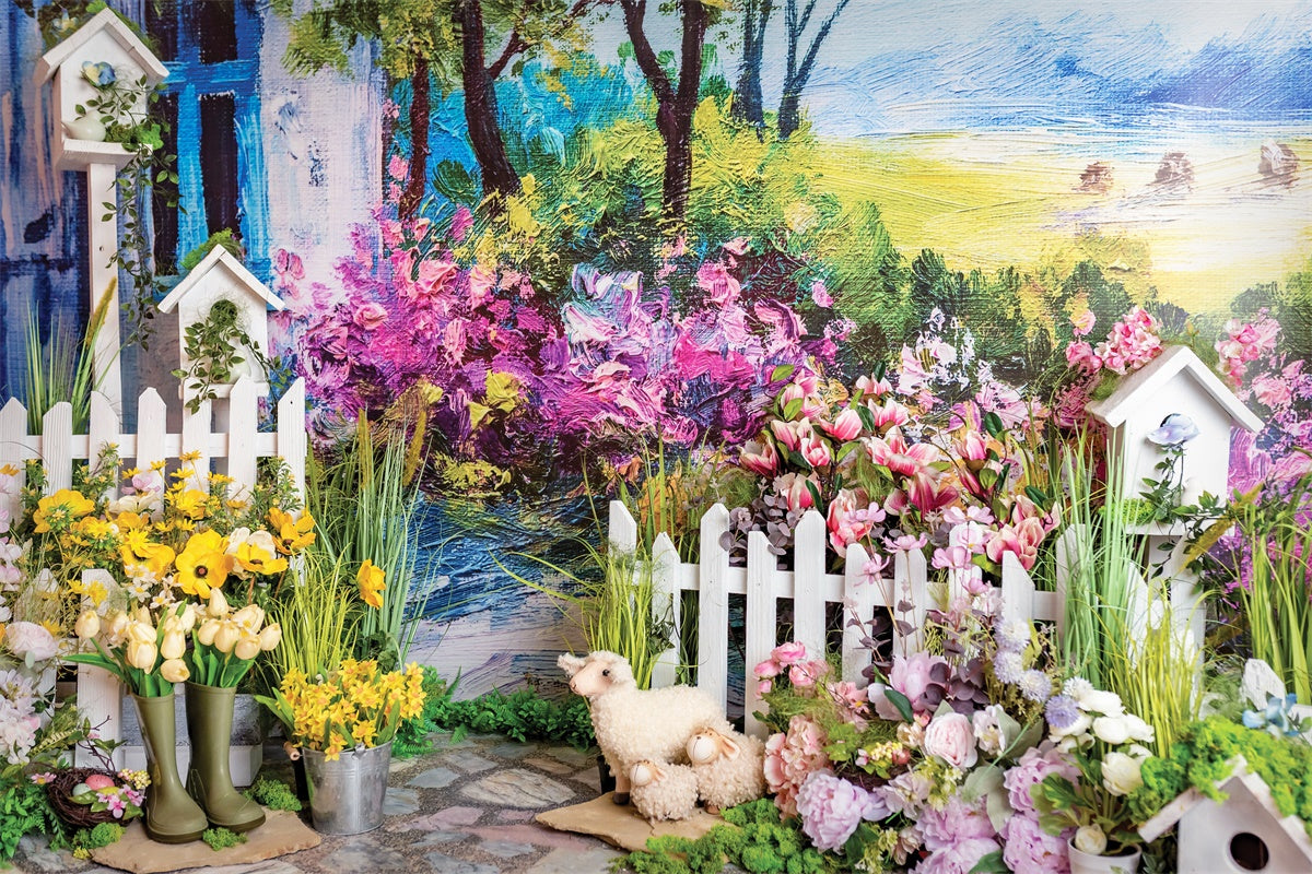Printemps Peinture à l'huile Fleurs Rustiques Patio Toile de fond M1-33
