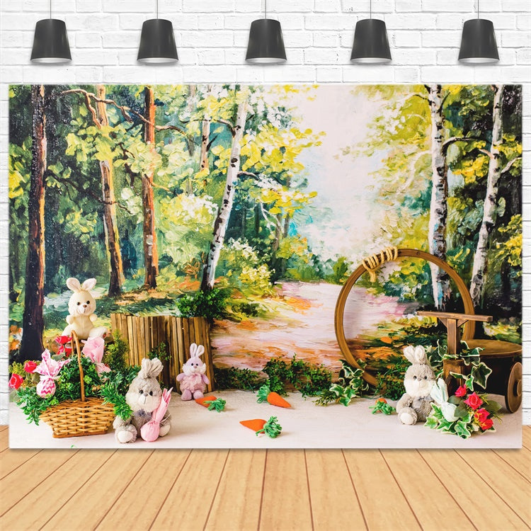 Pâques Peinture à l'huile Forêt Poupée Lapin Carotte Toile de fond M1-37