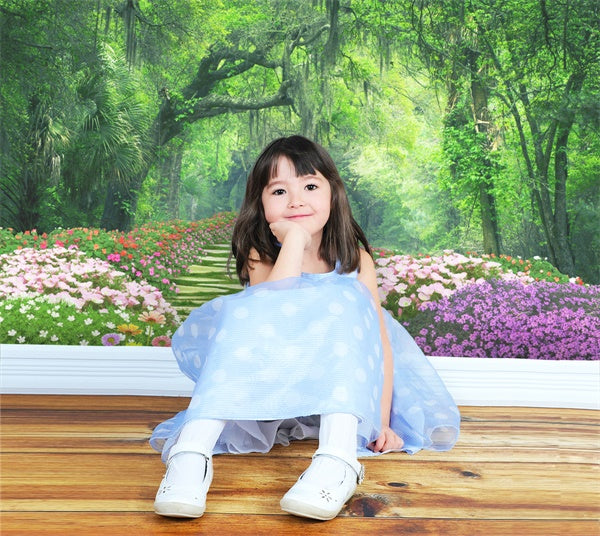 Printemps Fleurs entourant piste Forêt Mystique Toile de fond M1-38