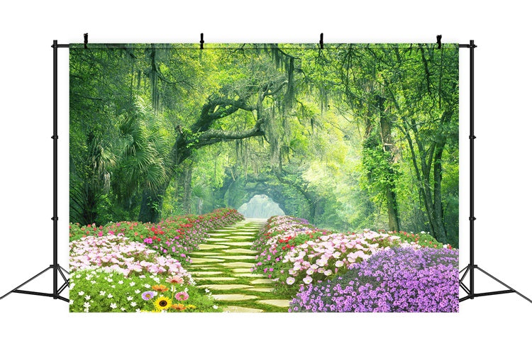 Printemps Fleurs entourant piste Forêt Mystique Toile de fond M1-38