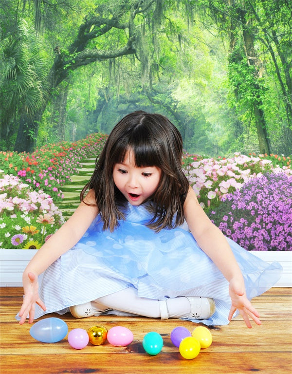 Printemps Fleurs entourant piste Forêt Mystique Toile de fond M1-38