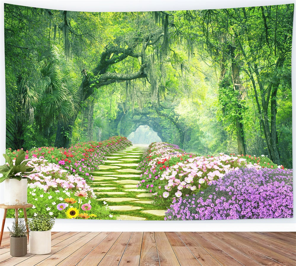 Printemps Fleurs entourant piste Forêt Mystique Toile de fond M1-38