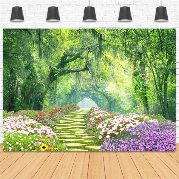 Printemps Fleurs entourant piste Forêt Mystique Toile de fond M1-38