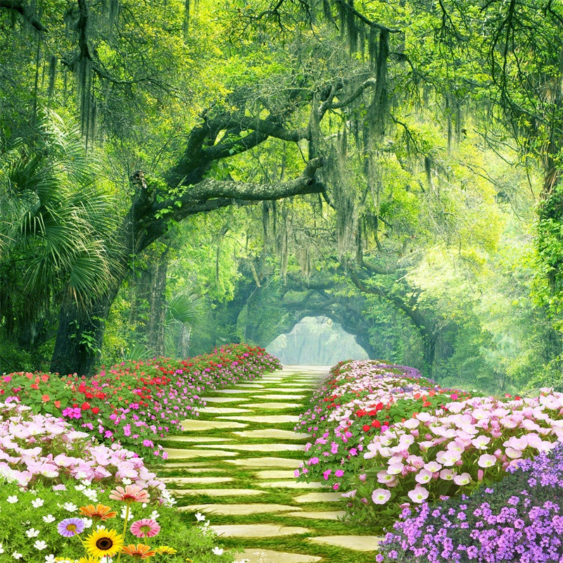 Printemps Fleurs entourant piste Forêt Mystique Toile de fond M1-38