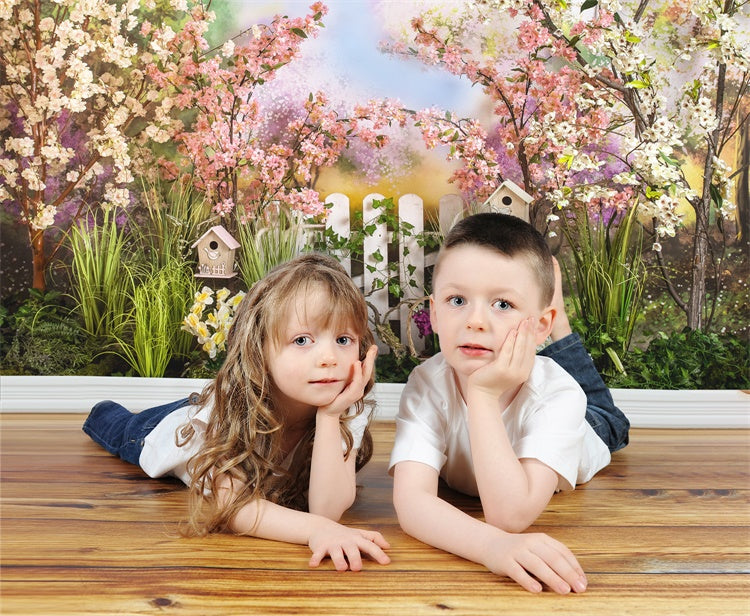 Printemps Arc-en-ciel Couleur Nuage Fleur de Cerisier Clôture Blanche Toile de fond M1-40