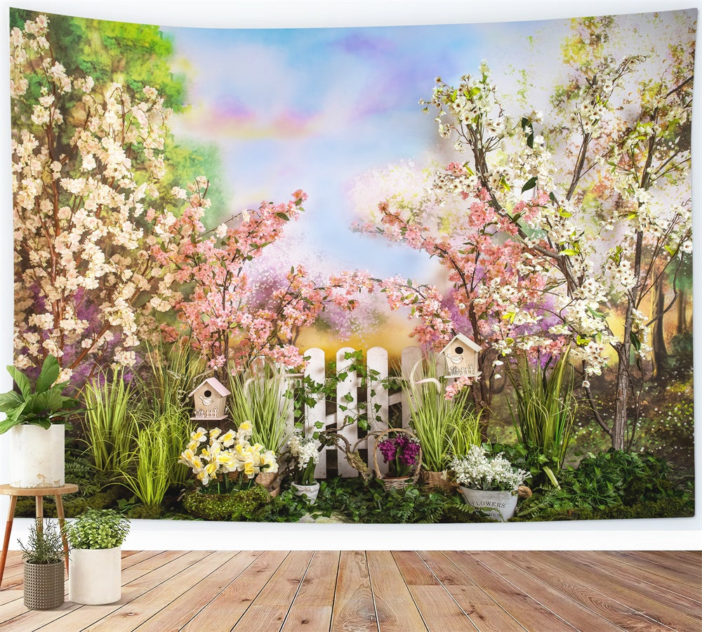 Printemps Arc-en-ciel Couleur Nuage Fleur de Cerisier Clôture Blanche Toile de fond M1-40