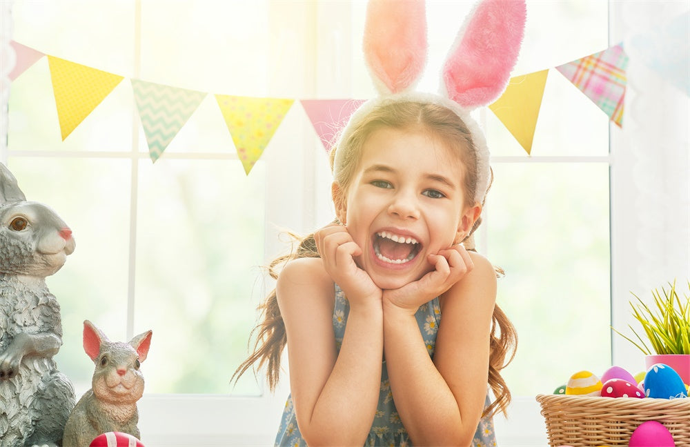 Œufs de Pâques Lapin gris Drapeaux colorés Fenêtre Toile de fond M1-45