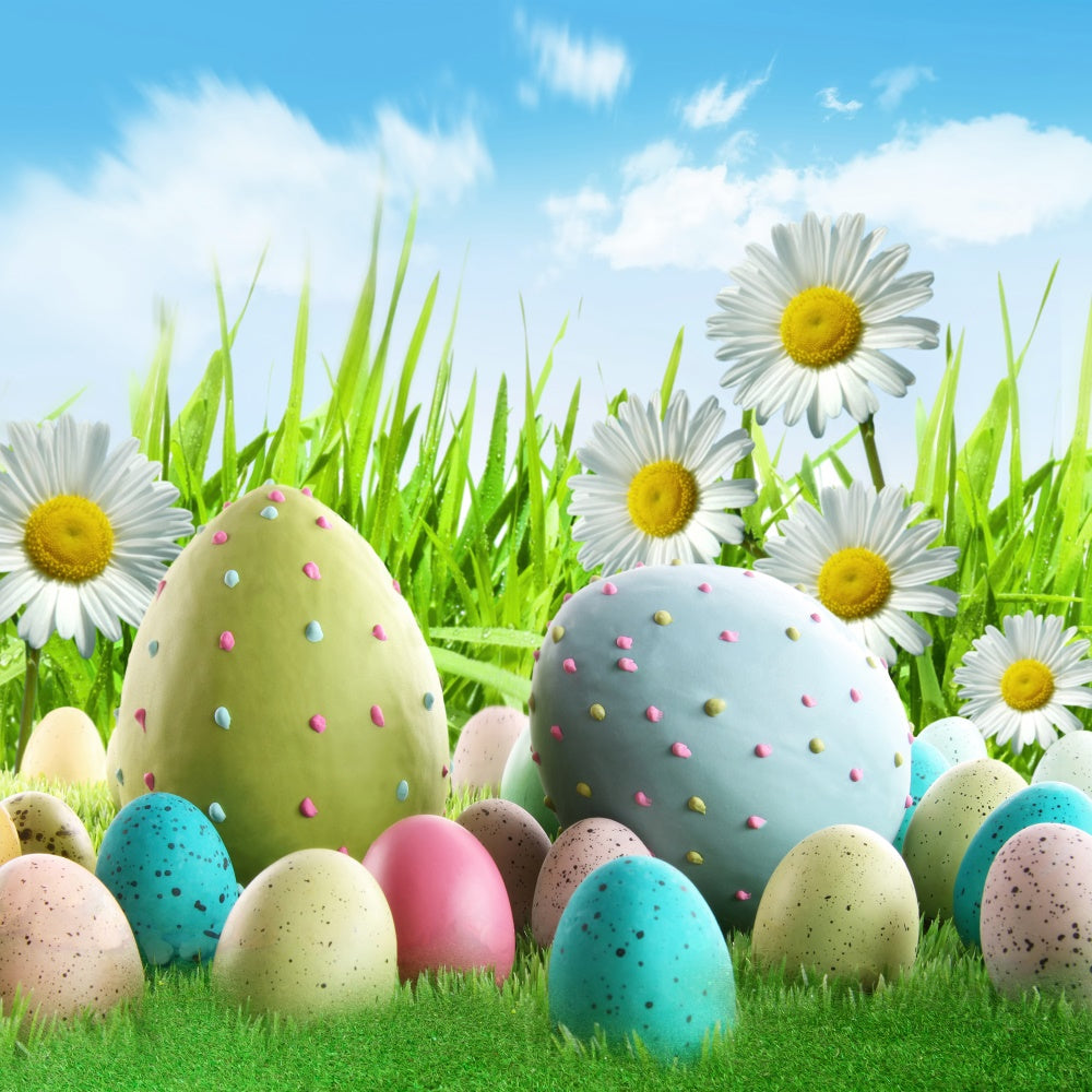 Pâques Oeuf Marguerites Bleu Ciel Blanc Nuages Toile de fond M1-52