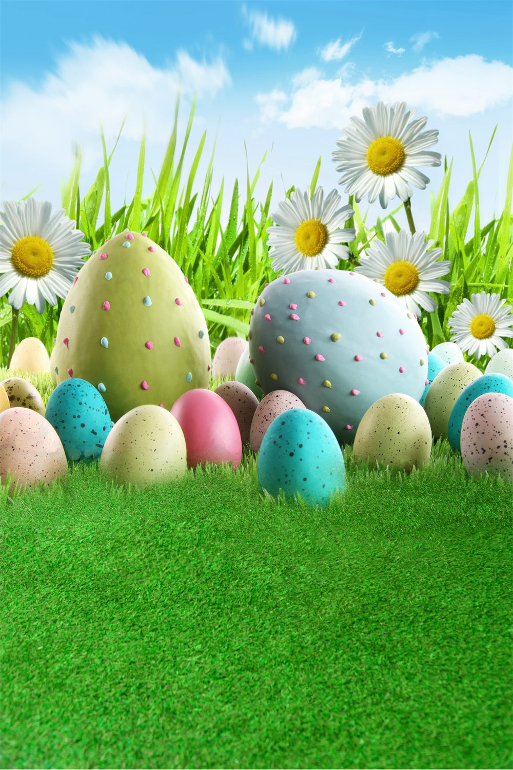 Pâques Oeuf Marguerites Bleu Ciel Blanc Nuages Toile de fond M1-52