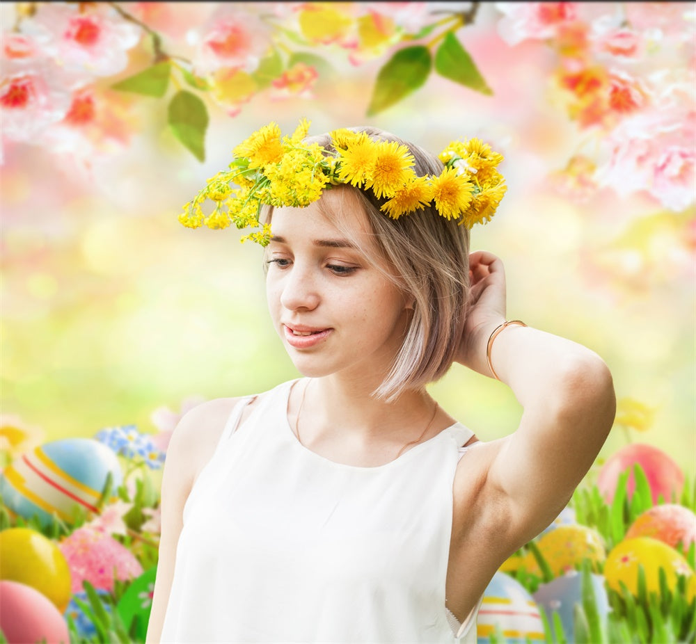 Pâques Chaud Printemps Pelouse Fleur de Cerisier Œuf Toile de fond M1-54