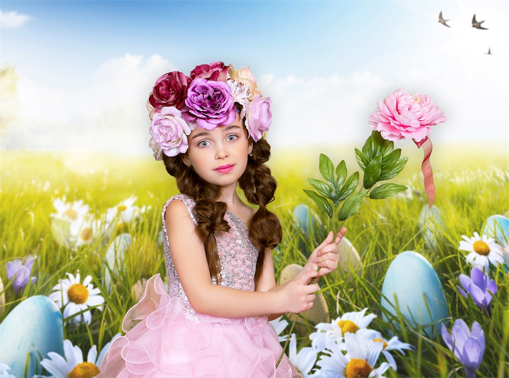 Pâques Bleu Ciel Blanc Nuages Œufs d'hirondelle Vert Herbe Toile de fond M1-57