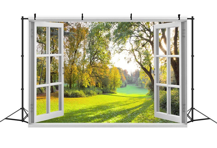 Printemps précoce Vue d'une fenêtre Grands bois Récupération Toile de fond M1-59