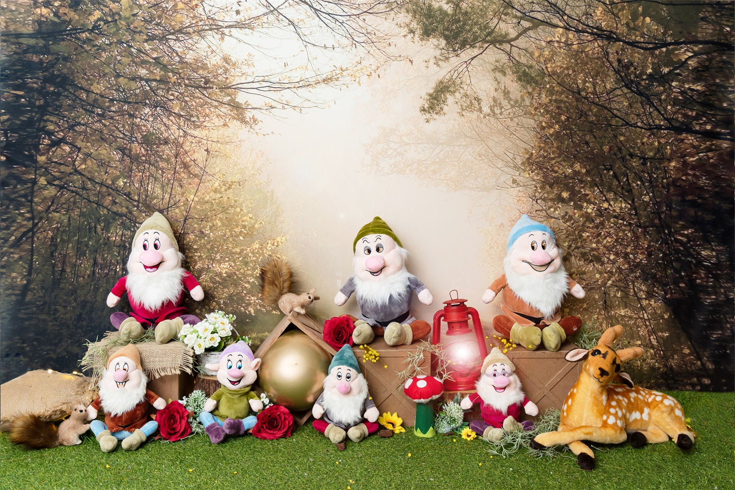 Printemps Sept Nains Écureuil Faune Forêt Toile de fond M1-62