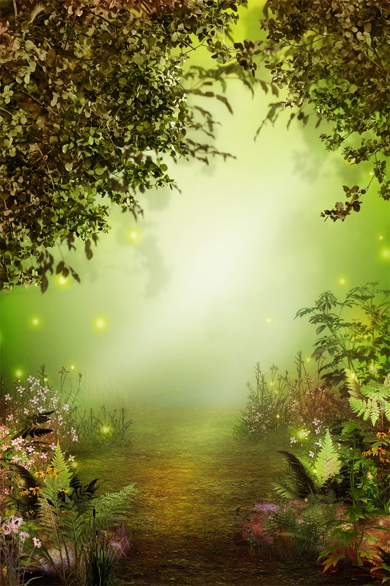 Forêt Brumeuse du Petit Matin avec fleurs Toile de fond M1-66