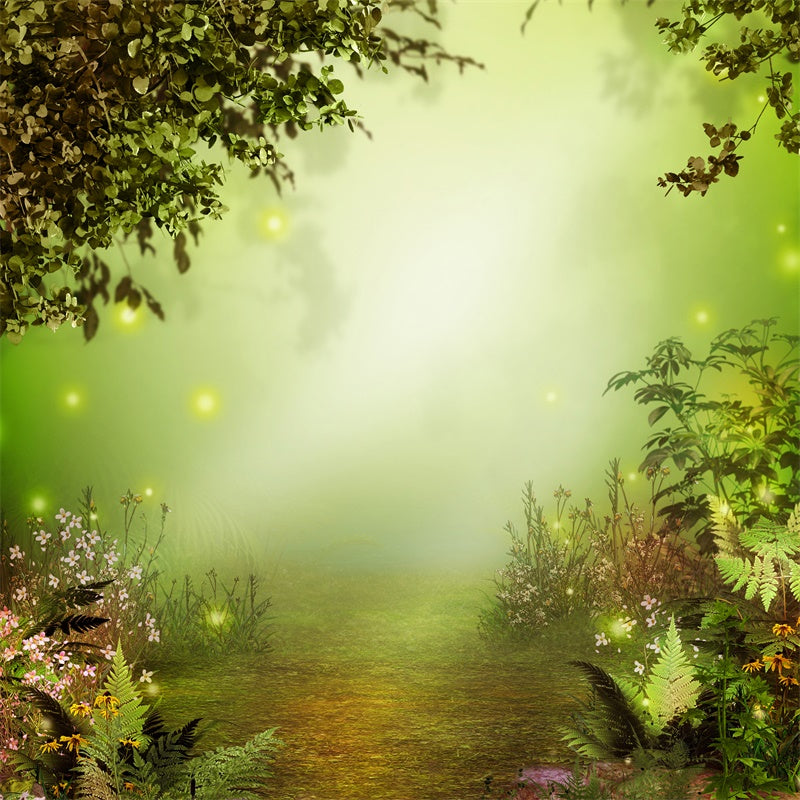 Forêt Brumeuse du Petit Matin avec fleurs Toile de fond M1-66