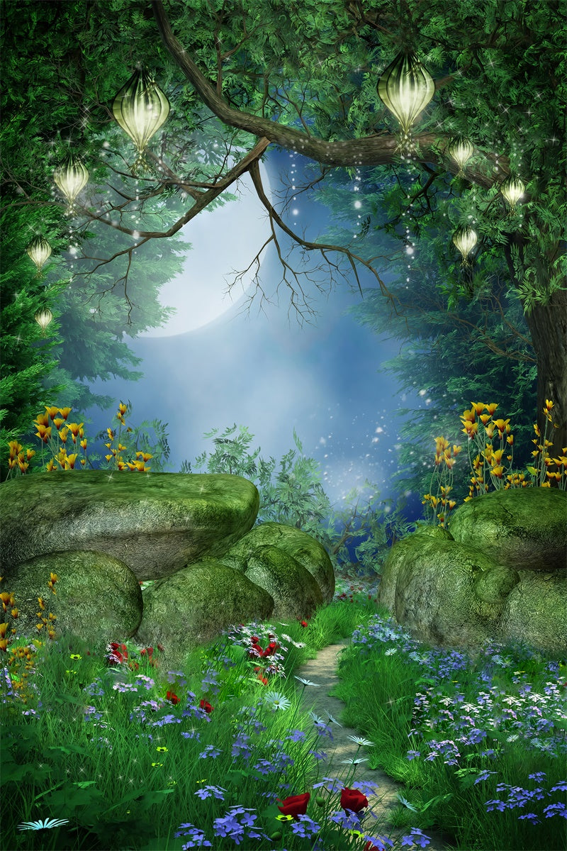 Toile de fond Mousse Mystique et Mori Pierre Herbe Fleur Rouge M1-67