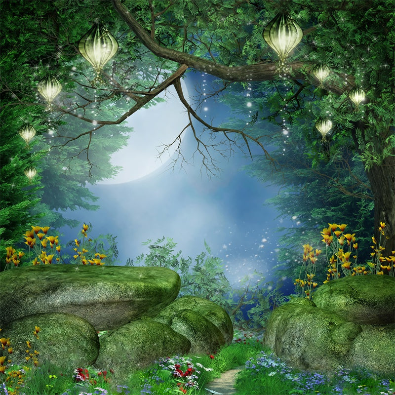 Toile de fond Mousse Mystique et Mori Pierre Herbe Fleur Rouge M1-67